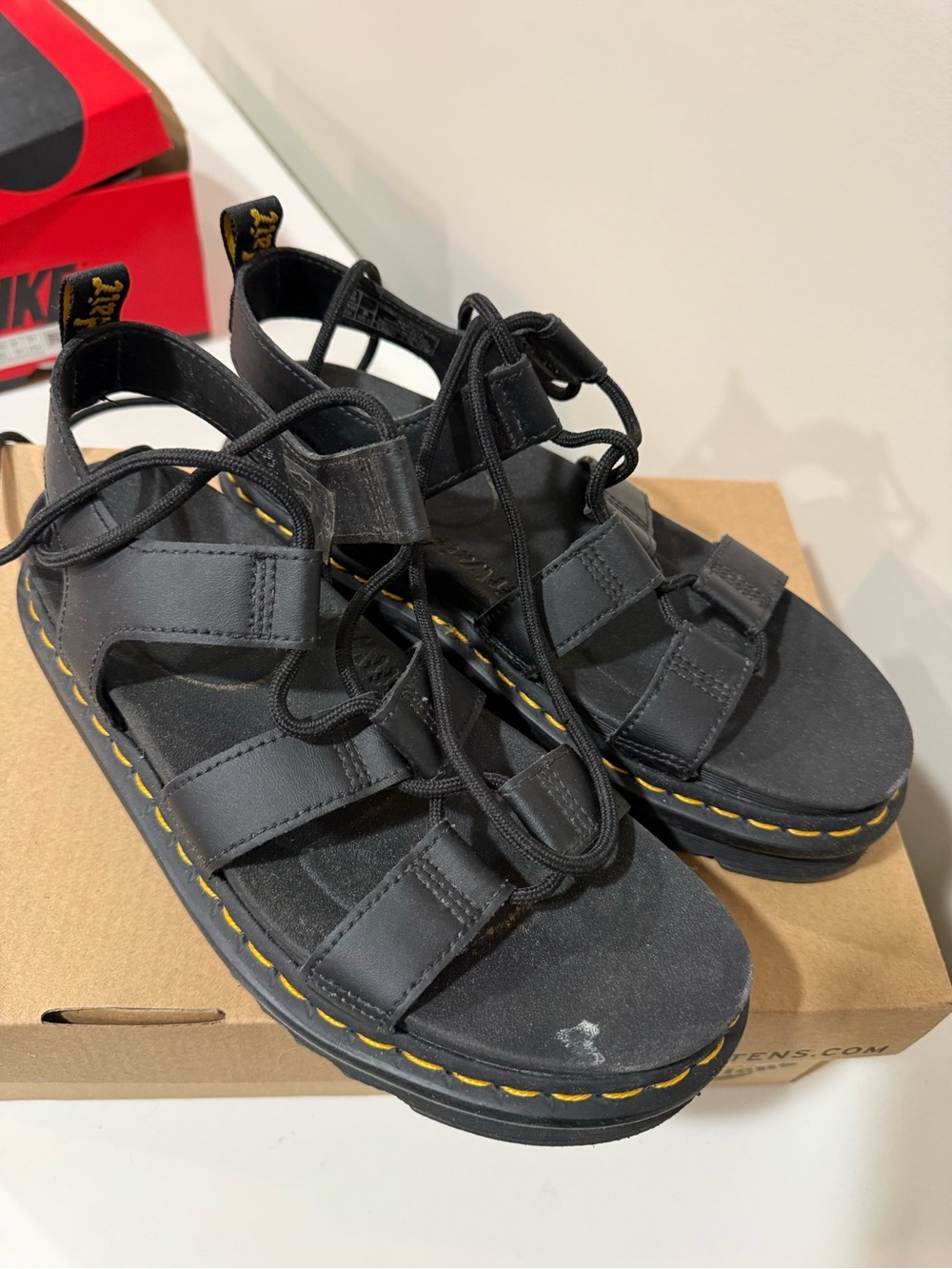 Dr. Martens Black Leather Platform Sandals with Yellow Stitching - Picture 3 of 7